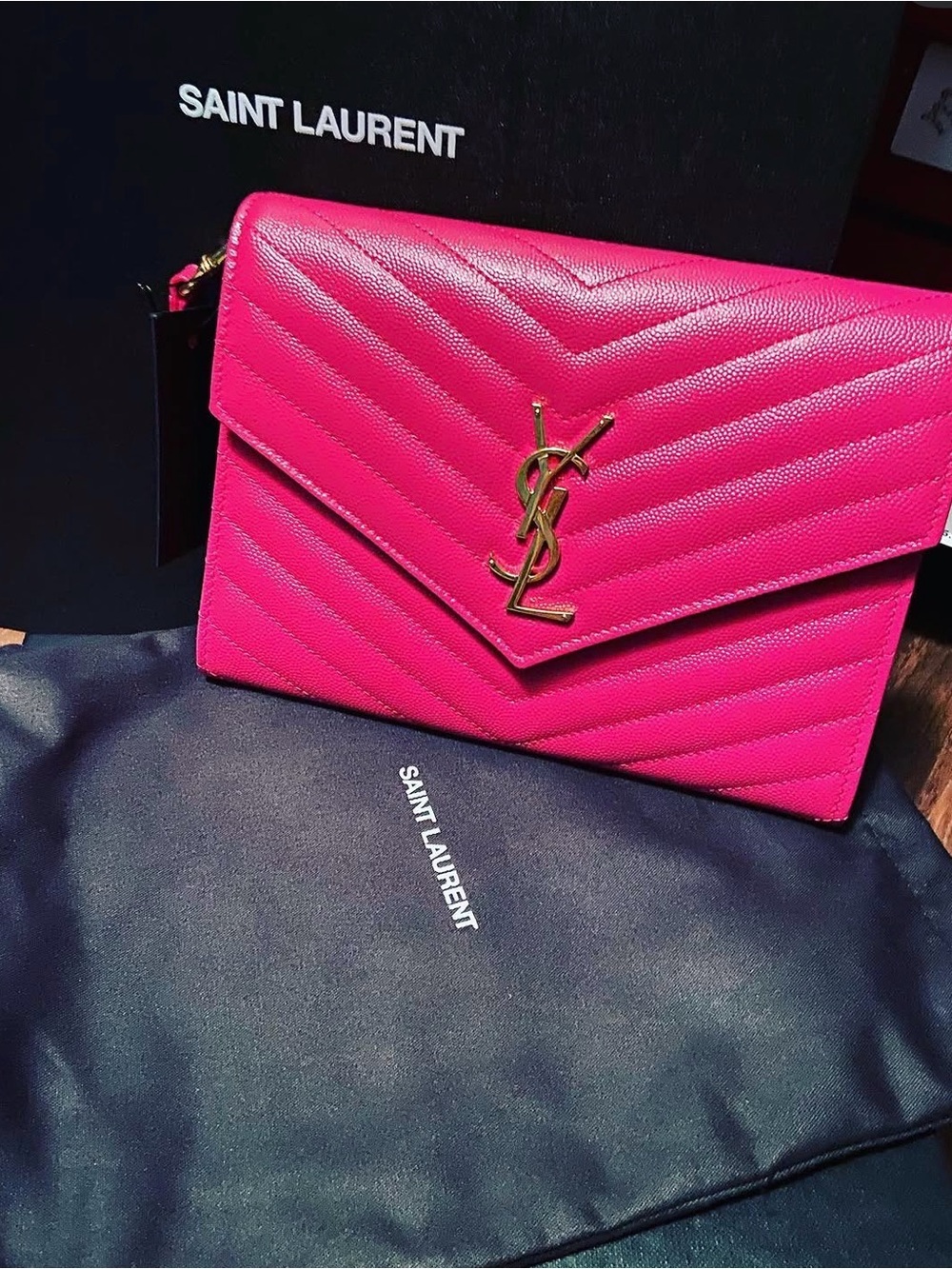 Saint Laurent Hot Pink Quilted Leather Wristlet 🩷 with Gold YSL